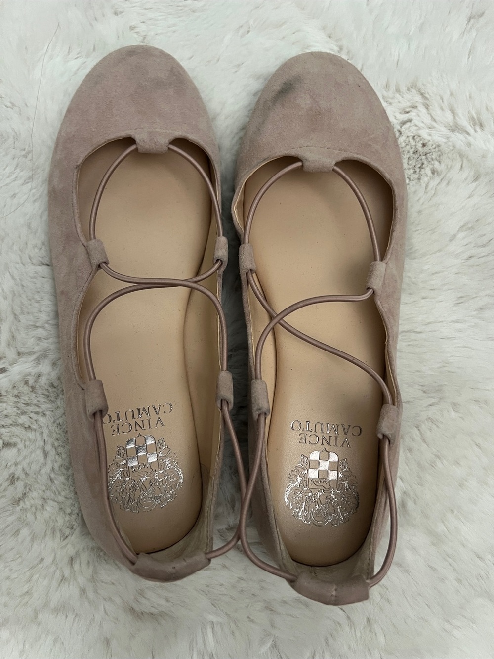 Vince Camuto Dusty Taupe Suede Lace-Up Ballet Flats